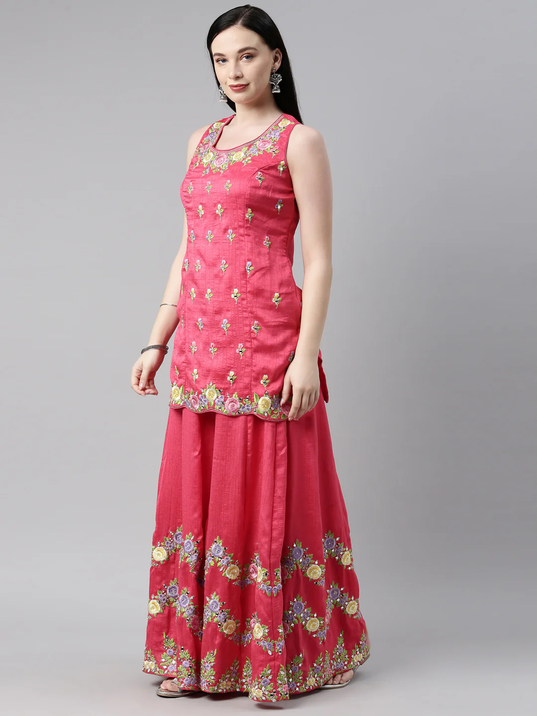 Neerus Coral Color Silk Fabric Kurta Set - Image 5