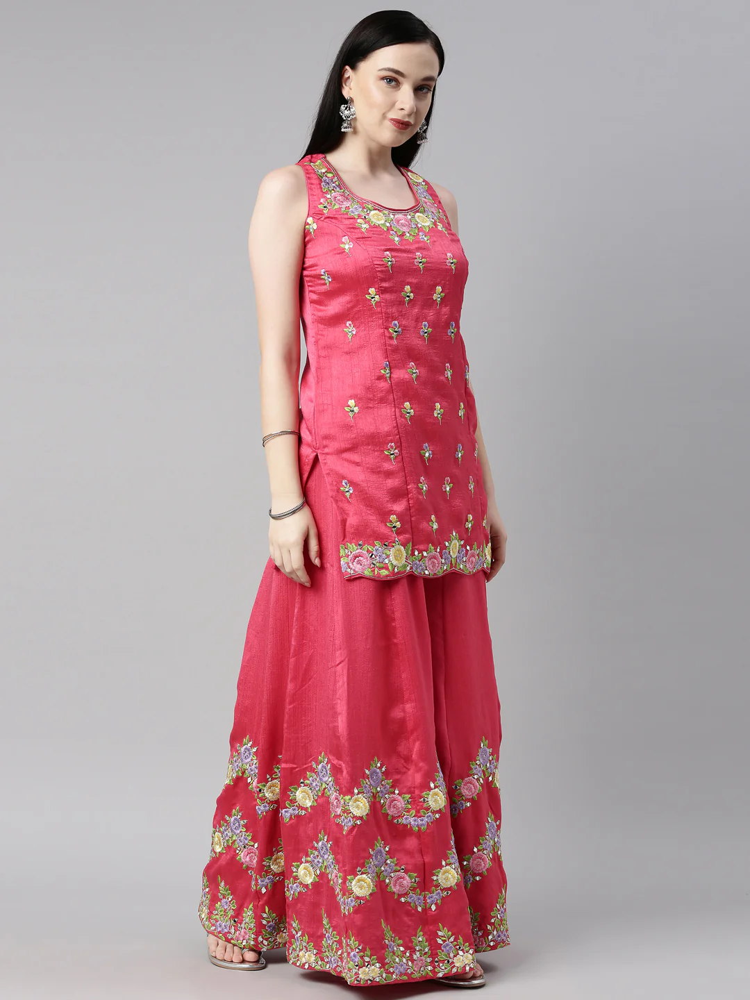 Neerus Coral Color Silk Fabric Kurta Set - Image 6