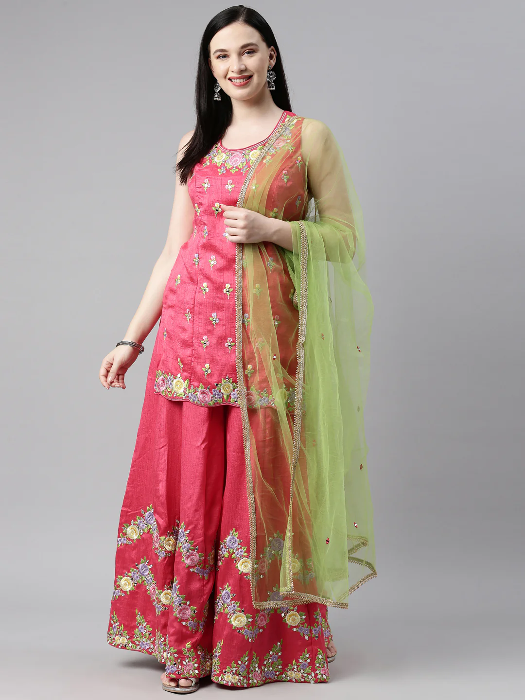 Neerus Coral Color Silk Fabric Kurta Set - Image 8