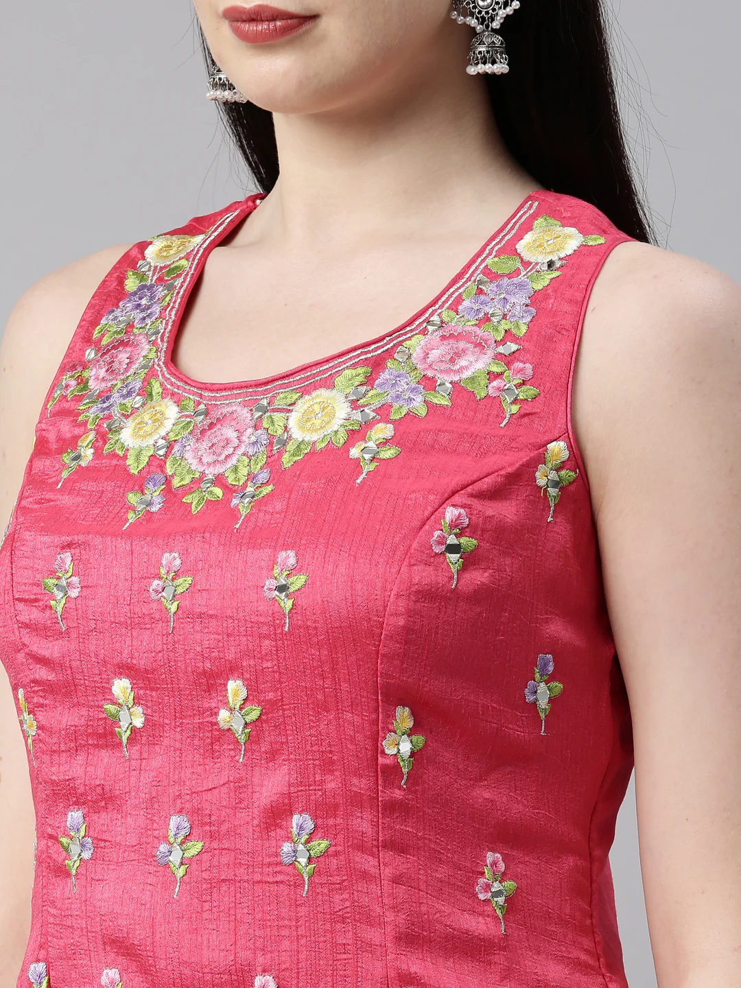 Neerus Coral Color Silk Fabric Kurta Set - Image 9