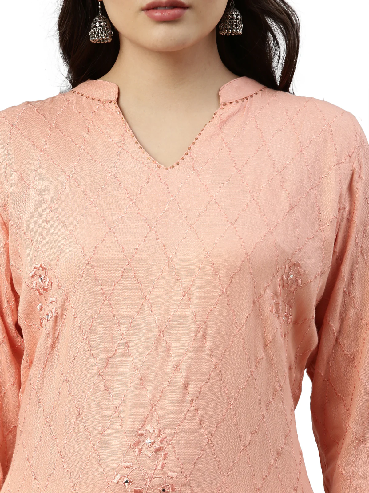 Neerus Coral Color Slub Rayon Fabric Kurta - Image 2