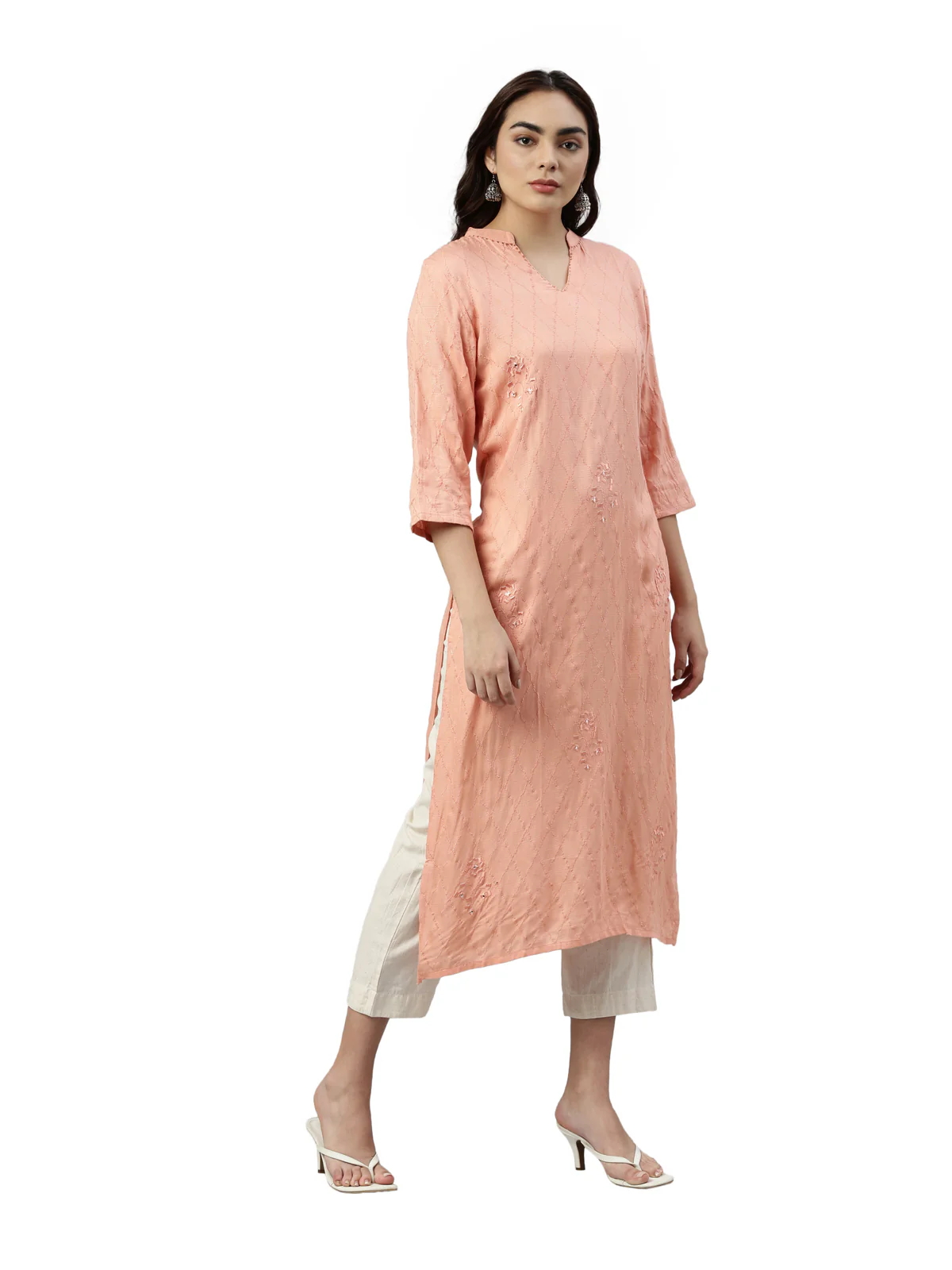 Neerus Coral Color Slub Rayon Fabric Kurta - Image 4