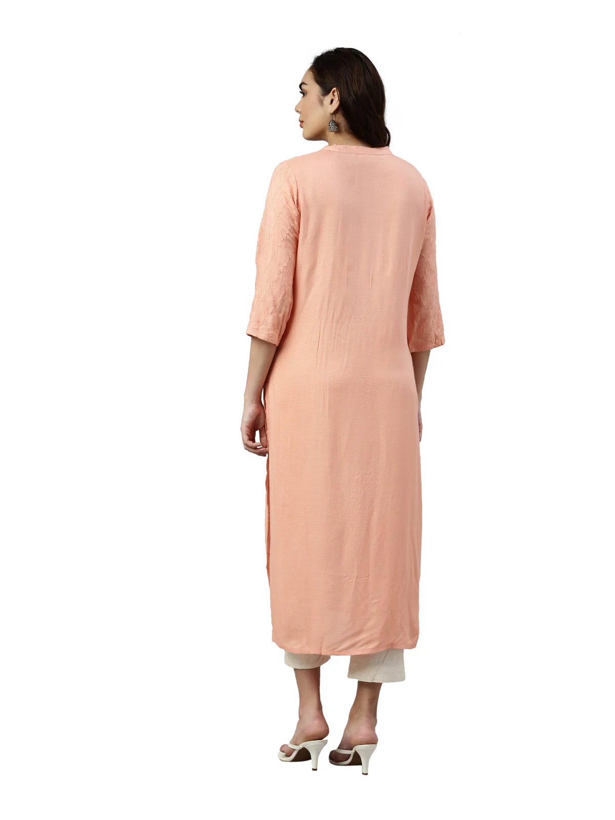 Neerus Coral Color Slub Rayon Fabric Kurta - Image 5
