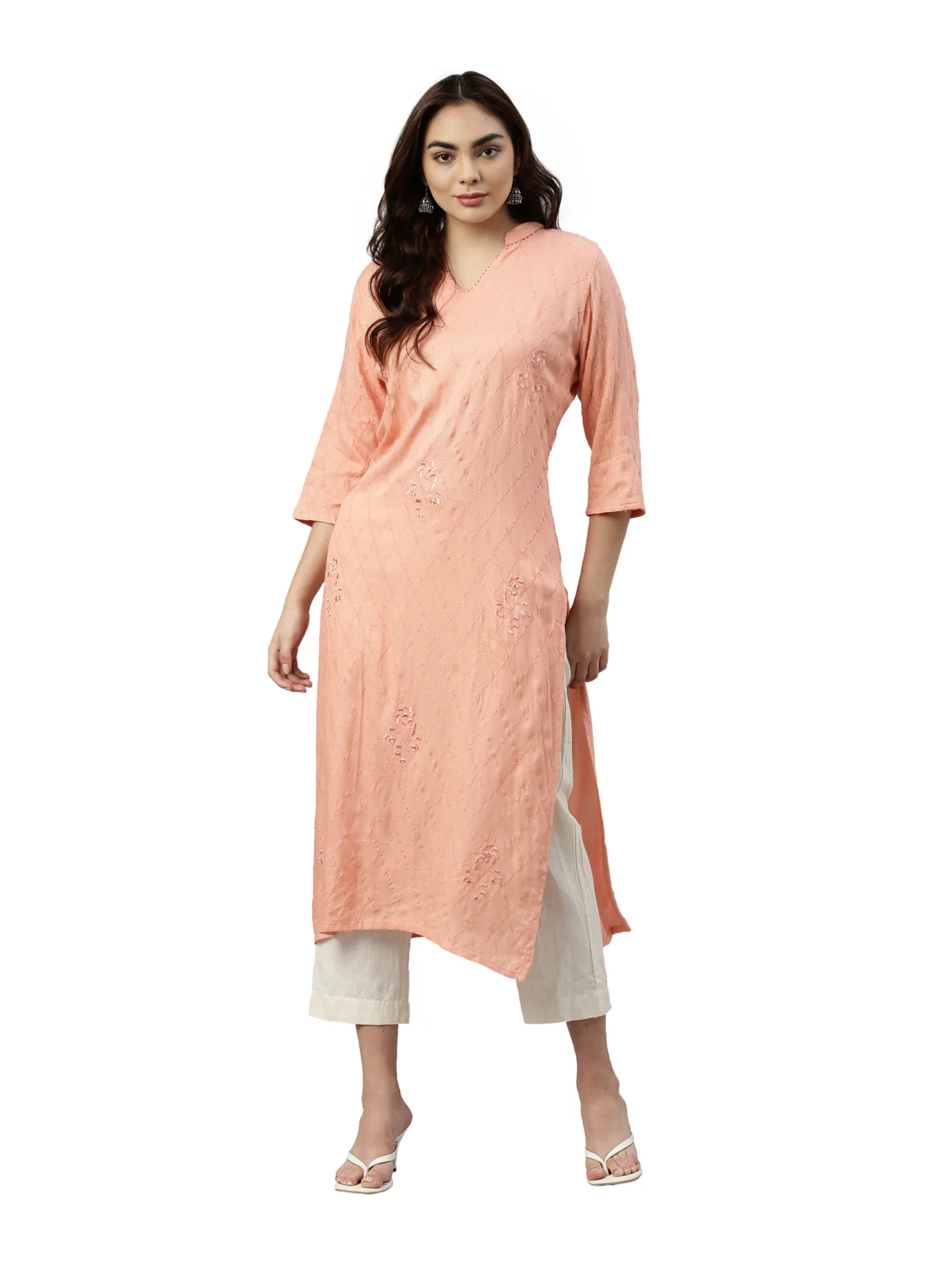 Neerus Coral Color Slub Rayon Fabric Kurta - Image 6
