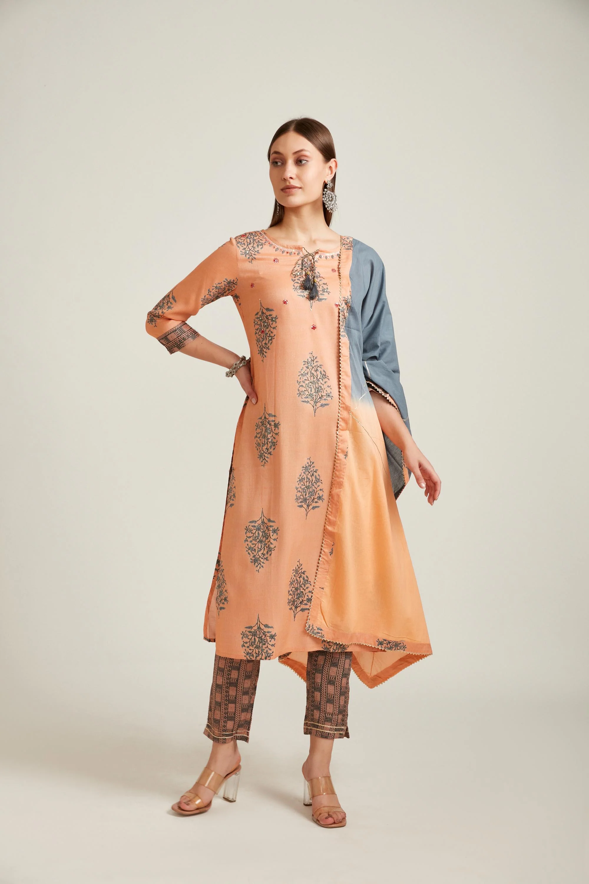 Neerus Coral Color Slub Rayon Fabric Salwar Kameez