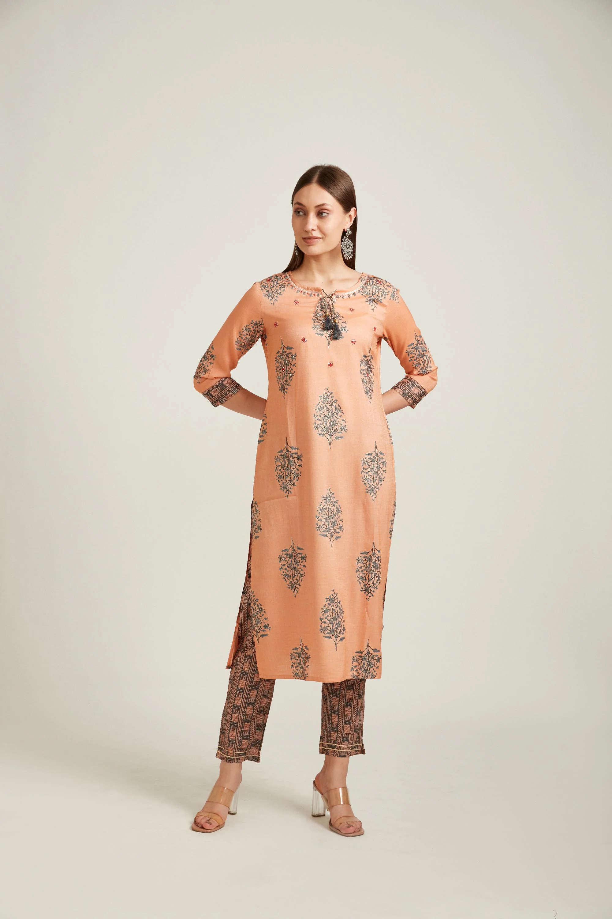 Neerus Coral Color Slub Rayon Fabric Salwar Kameez - Image 4