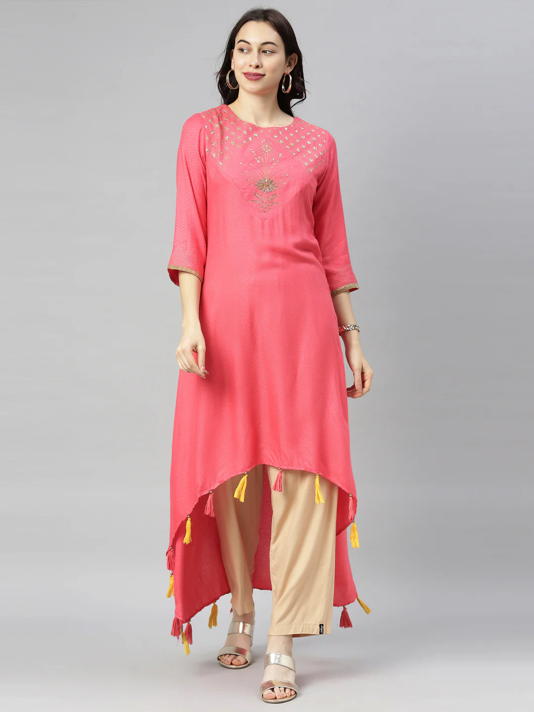 Neerus Coral Embellished High Low Kurta