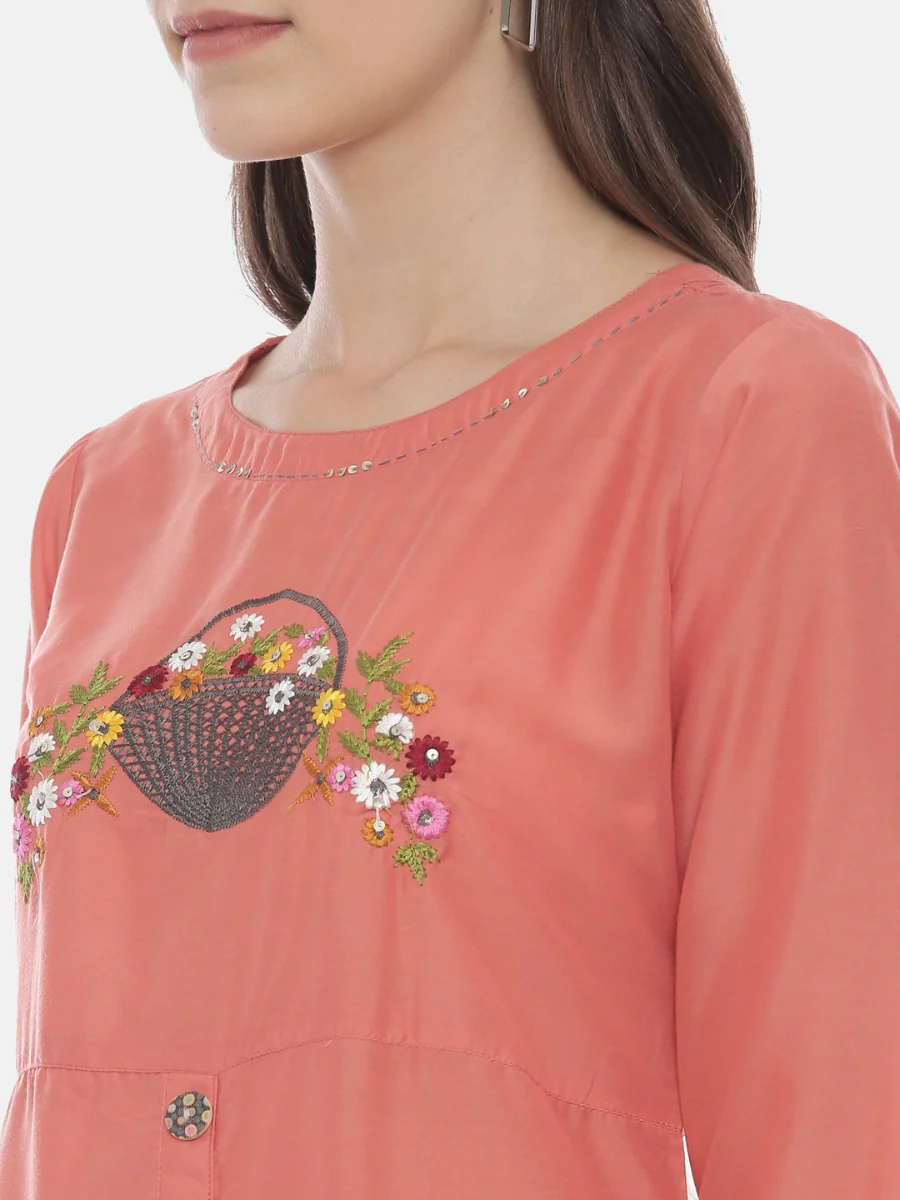 Neerus Coral Embroidered Straight Kurta - Image 2