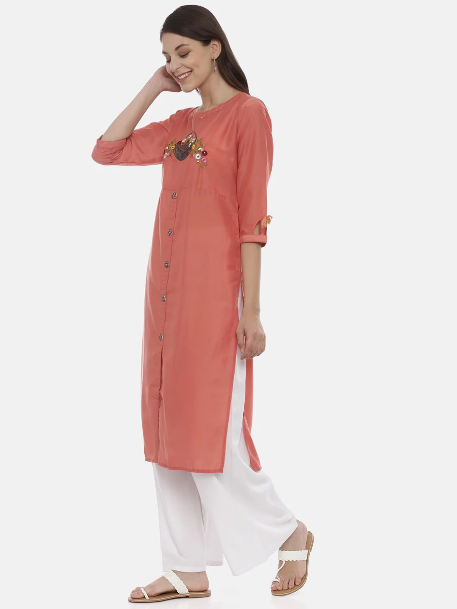 Neerus Coral Embroidered Straight Kurta - Image 3