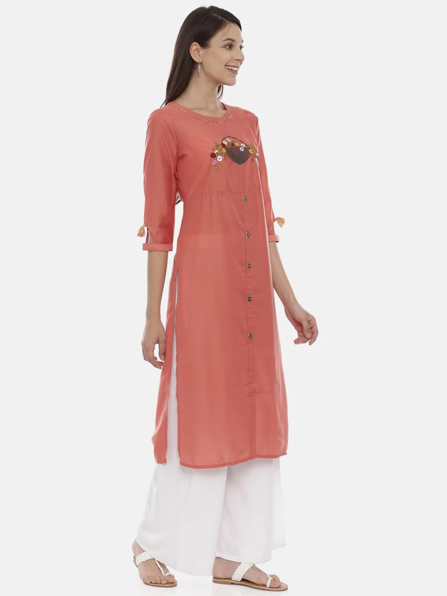Neerus Coral Embroidered Straight Kurta - Image 4