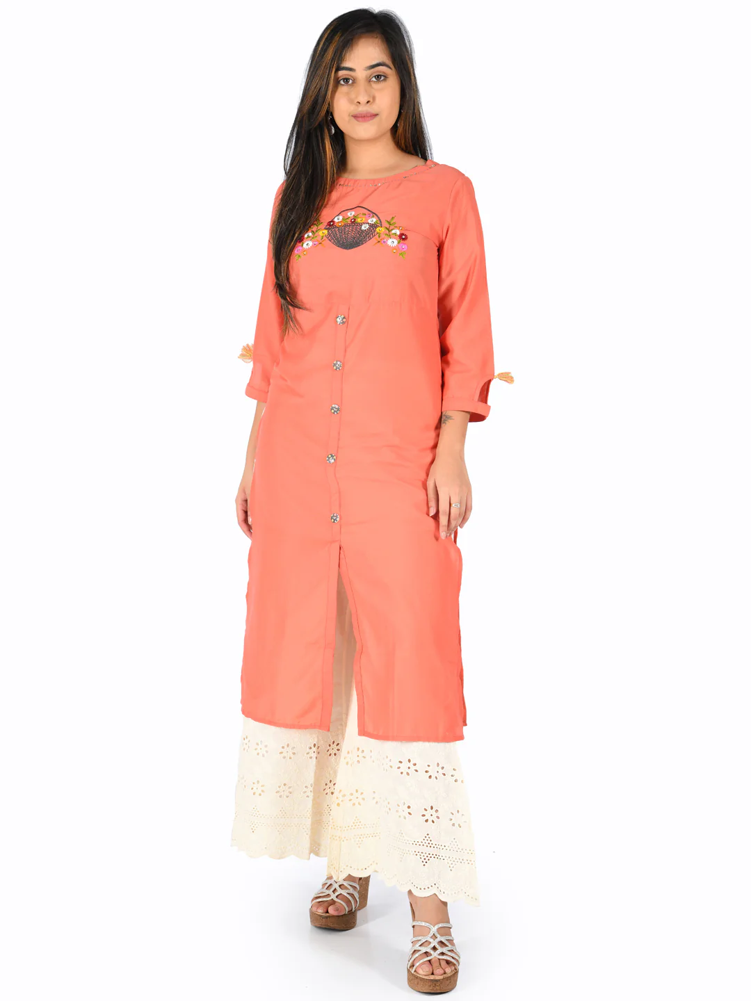 Neerus Coral Embroidered Straight Kurta - Image 7