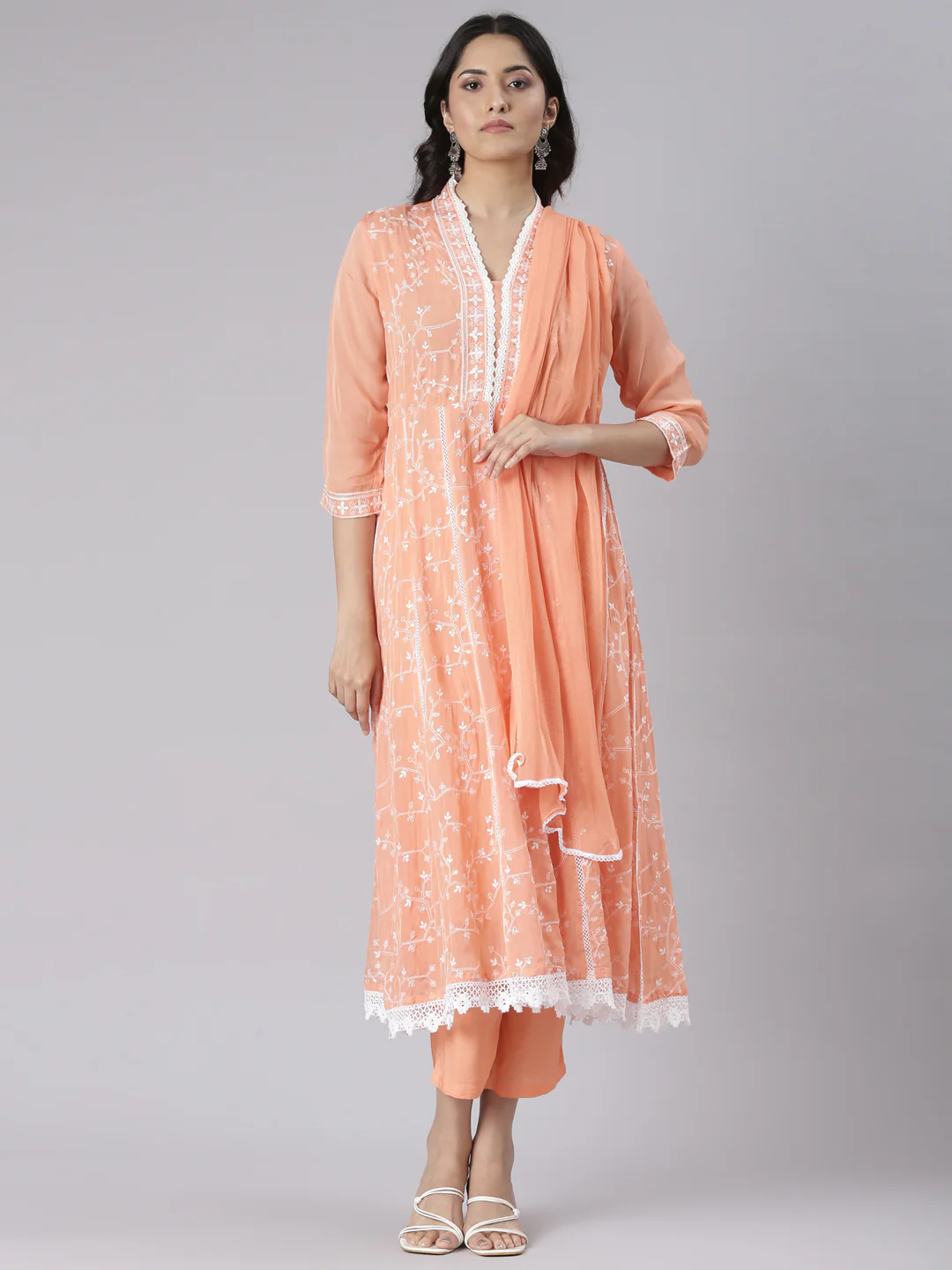 Neerus Coral Embroidered Straight Kurta and Trousers With Dupatta
