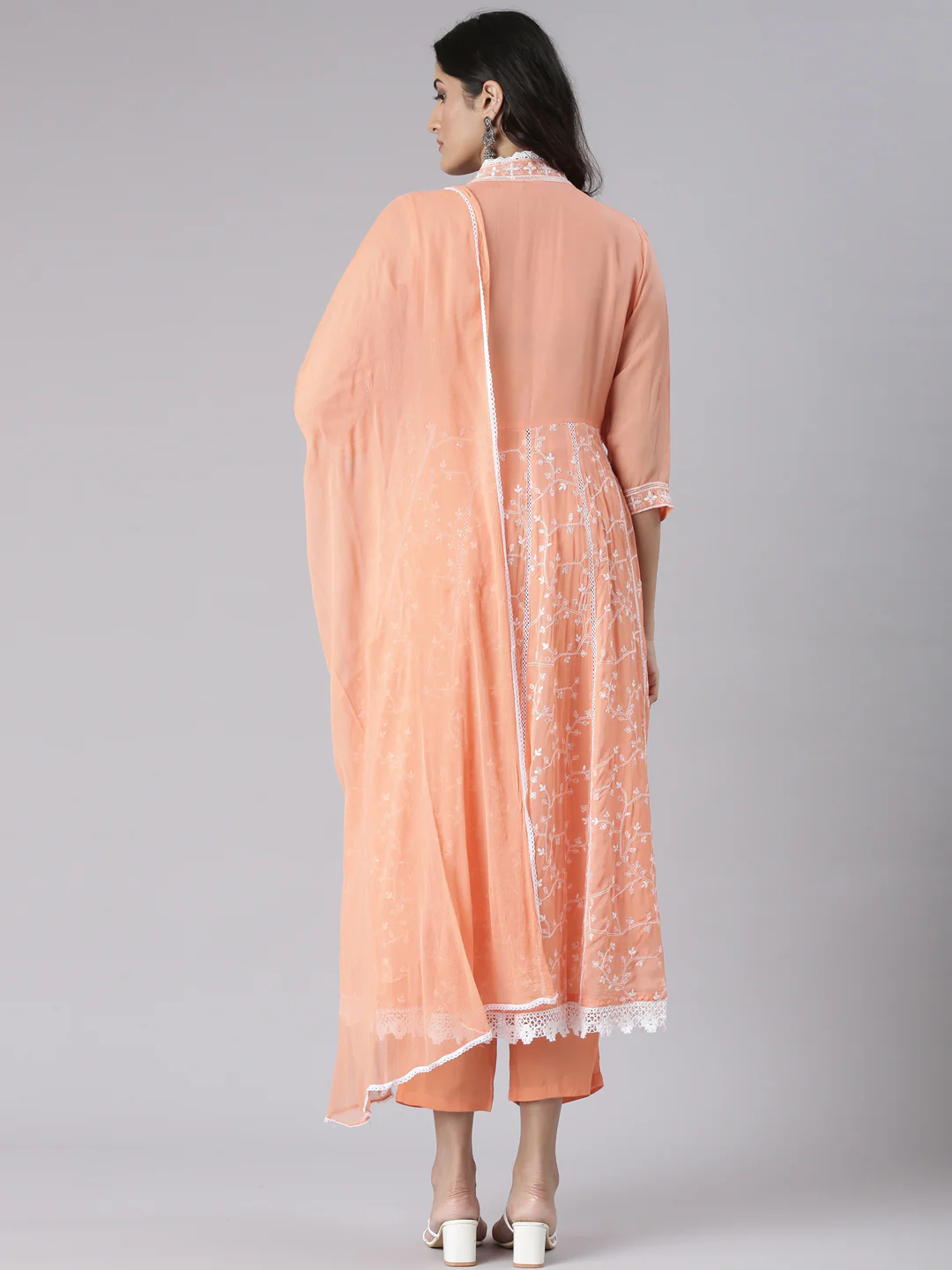 Neerus Coral Embroidered Straight Kurta and Trousers With Dupatta - Image 3