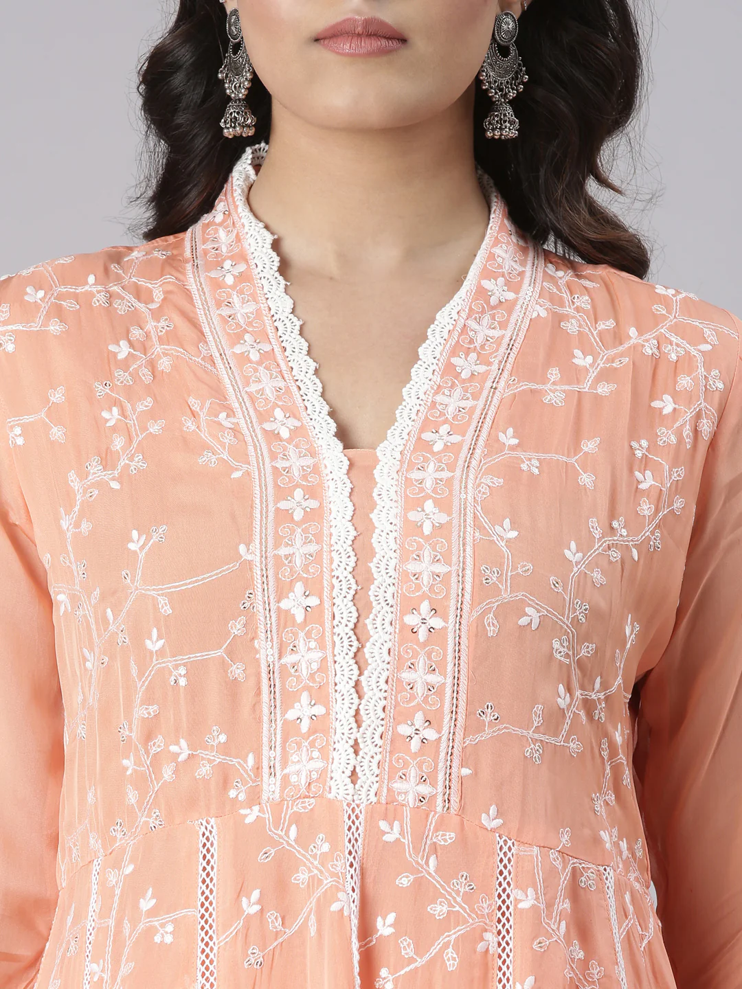 Neerus Coral Embroidered Straight Kurta and Trousers With Dupatta - Image 4