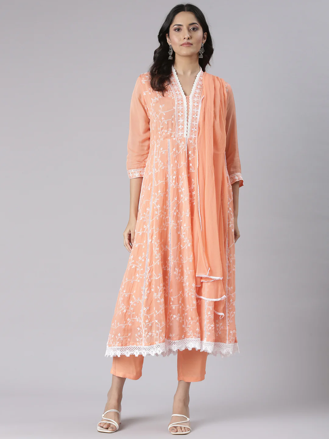 Neerus Coral Embroidered Straight Kurta and Trousers With Dupatta - Image 5