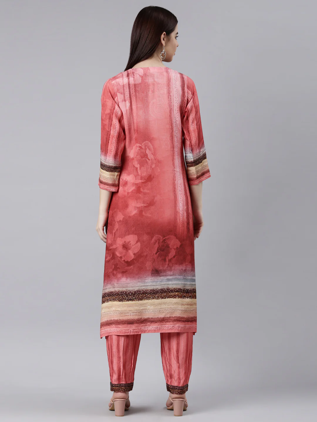 Neerus Coral Panelled Straight Kurta and Trousers - Image 3