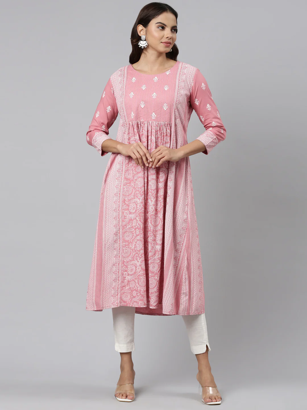 Neerus Coral Pleated Anarkali Embroidered Kurta