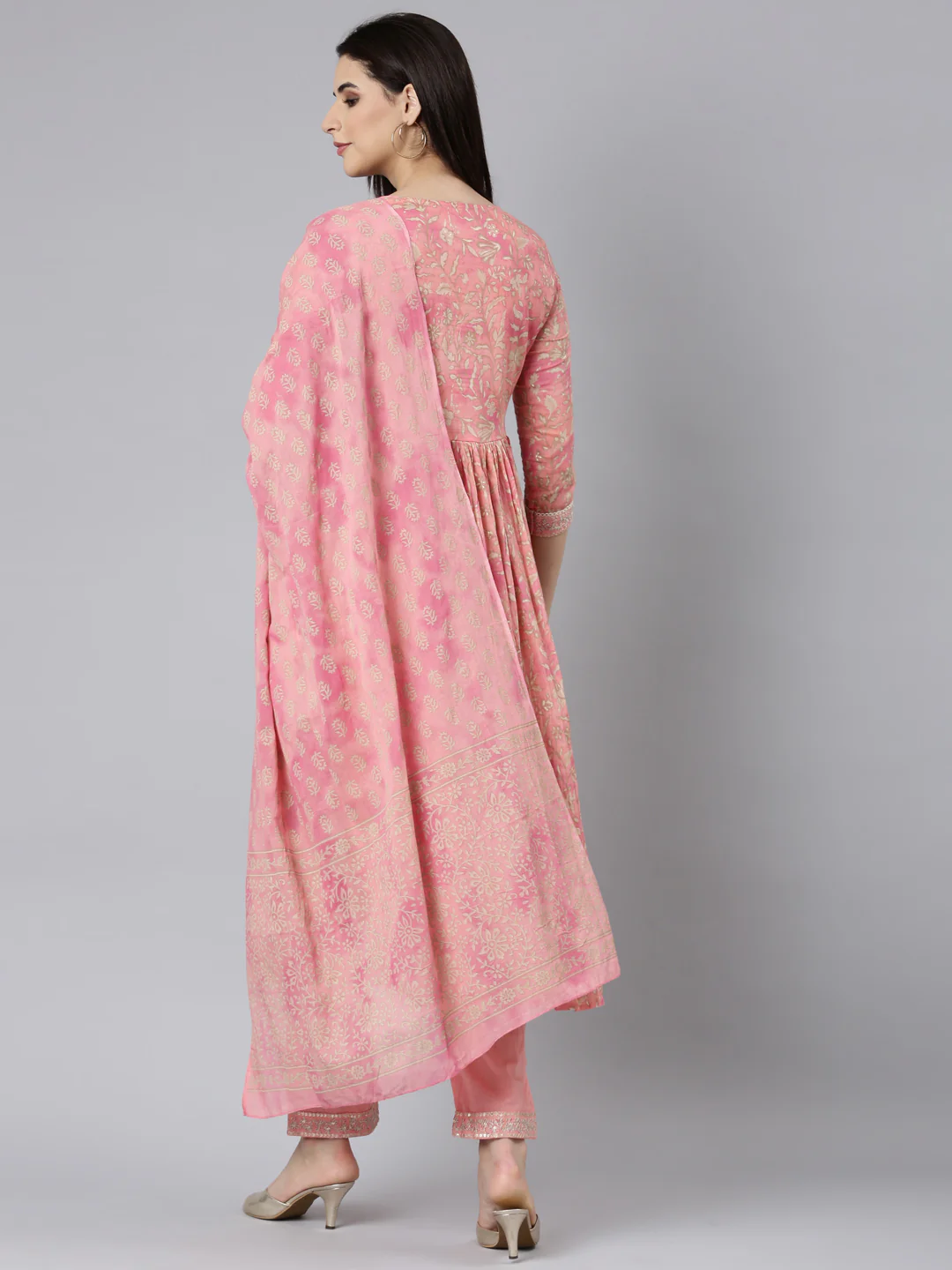 Neerus Coral Pleated Straight Floral Kurta And Trousers With Dupatta - Image 3