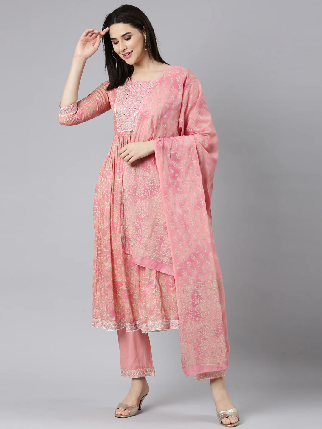 Neerus Coral Pleated Straight Floral Kurta And Trousers With Dupatta - Image 5