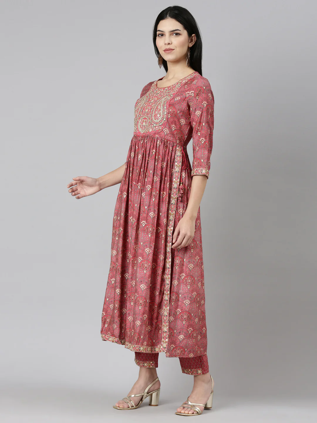 Neerus Coral Pleated Straight Printed Readymade suits - Image 2