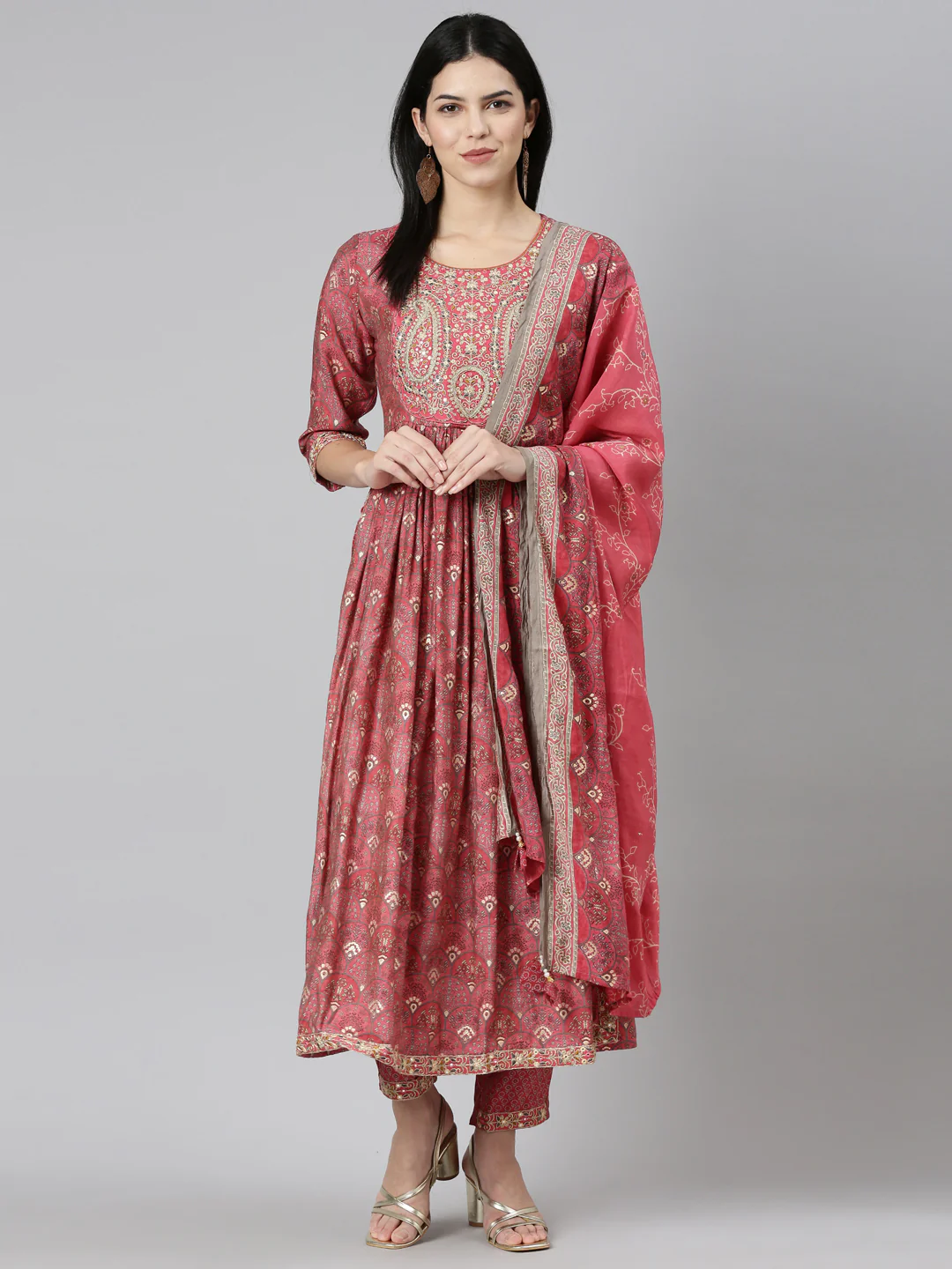 Neerus Coral Pleated Straight Printed Readymade suits - Image 5