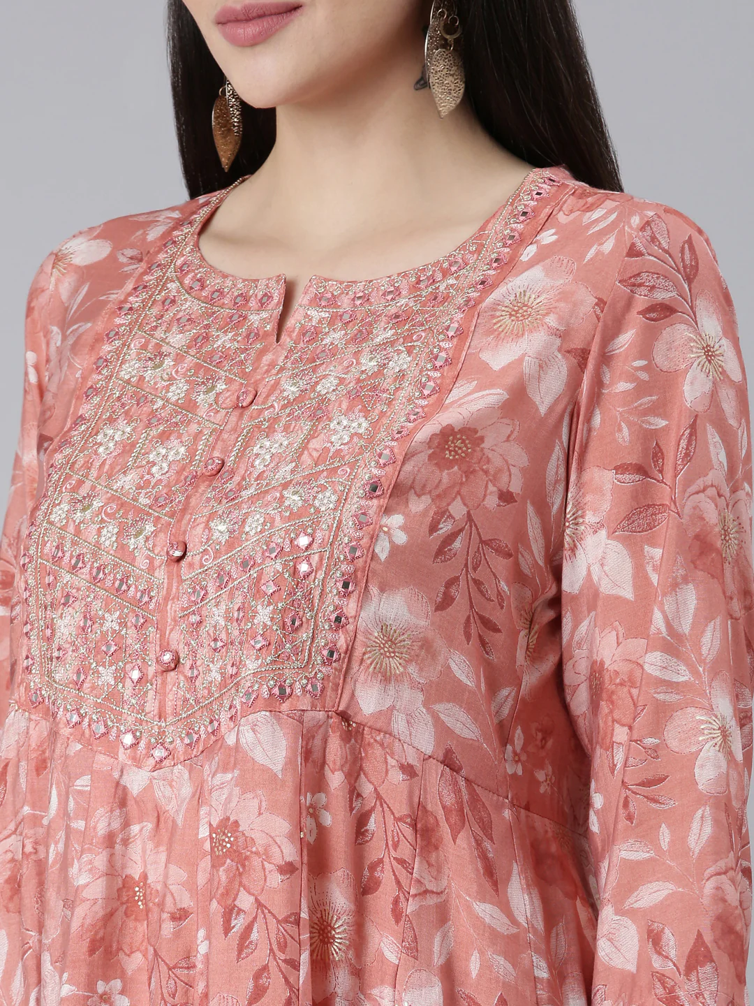 Neerus Coral Pleated Straight Printed Readymade suits - Image 4