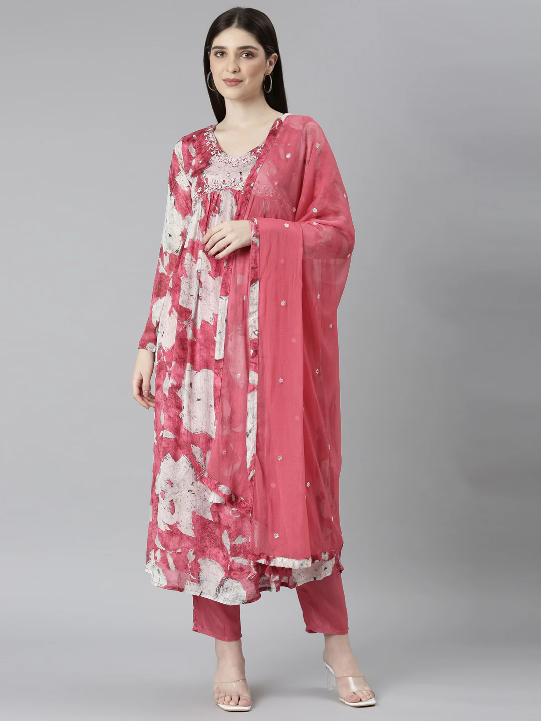 Neerus Coral Regular Straight Floral Readymade suits