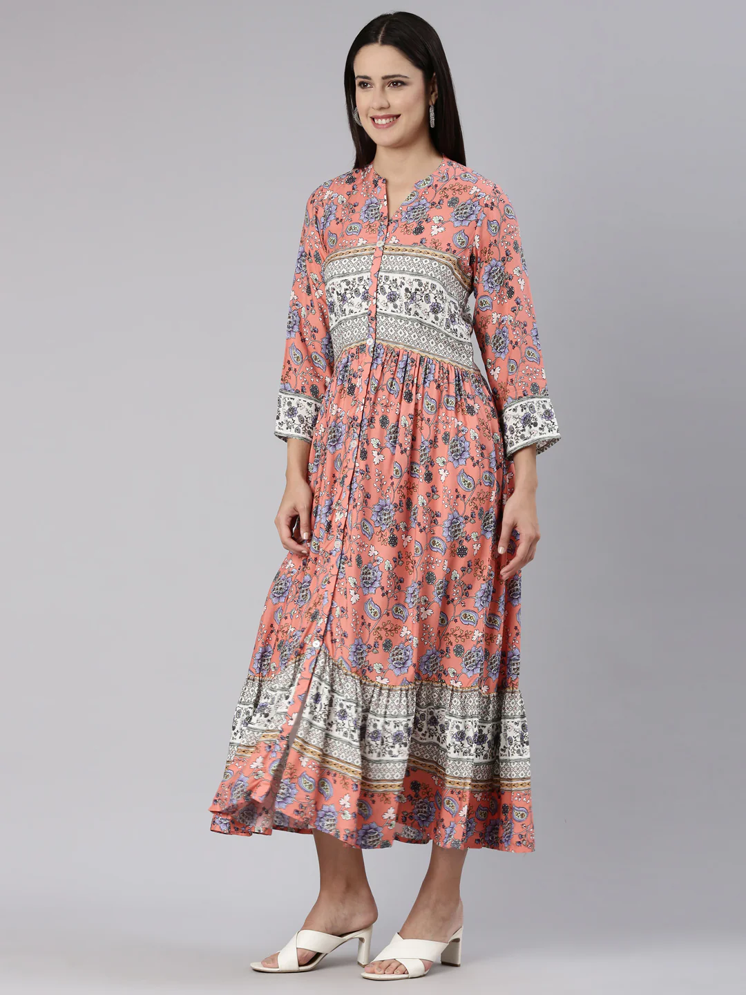 Neerus Coral Straight Casual Floral Dress - Image 2