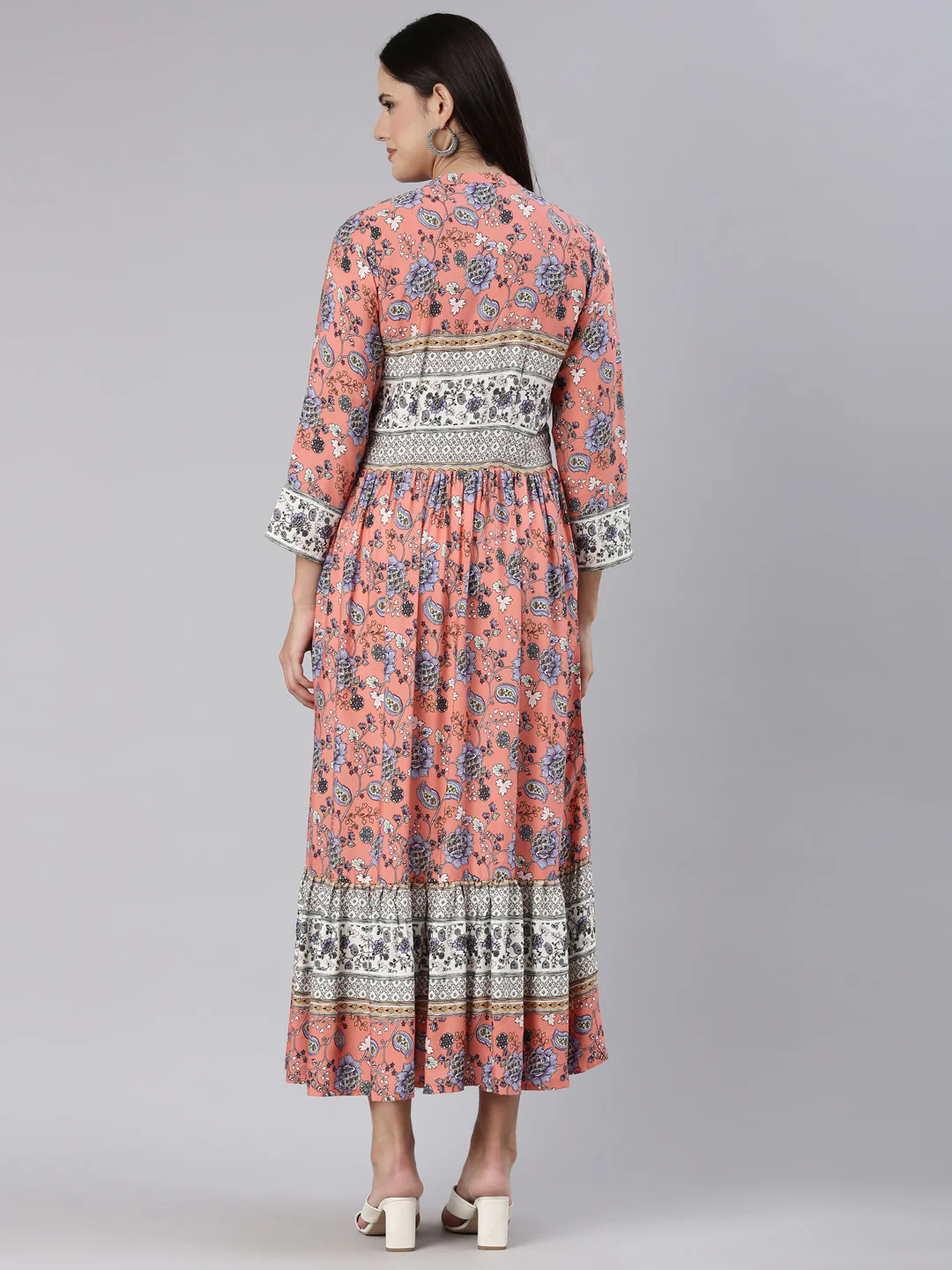 Neerus Coral Straight Casual Floral Dress - Image 3