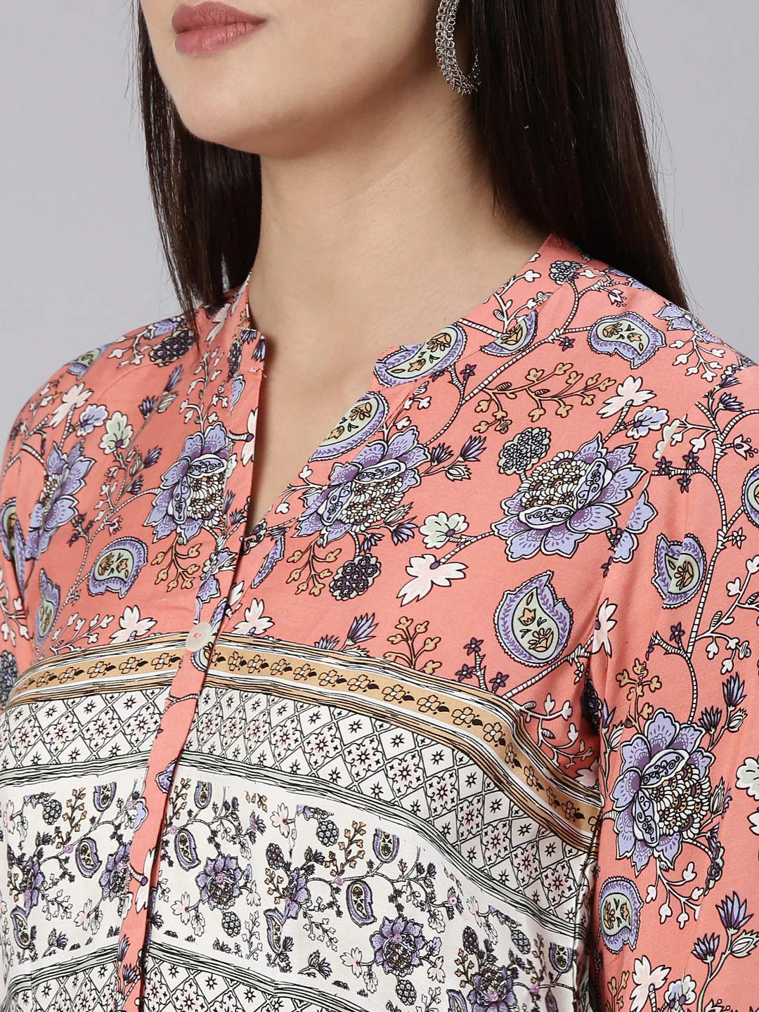Neerus Coral Straight Casual Floral Dress - Image 4