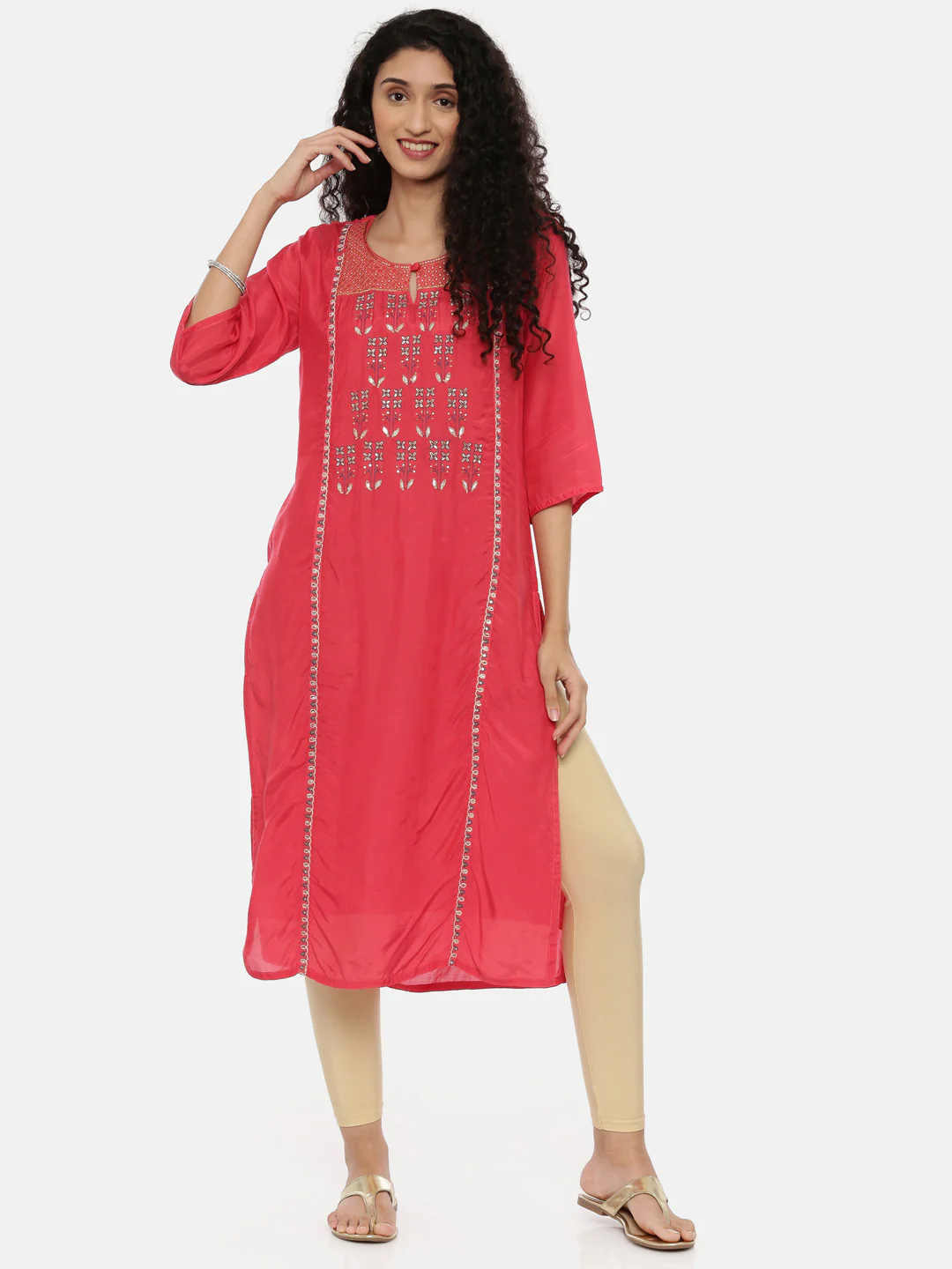 Neerus Coral Zari Straight Kurta - Image 2