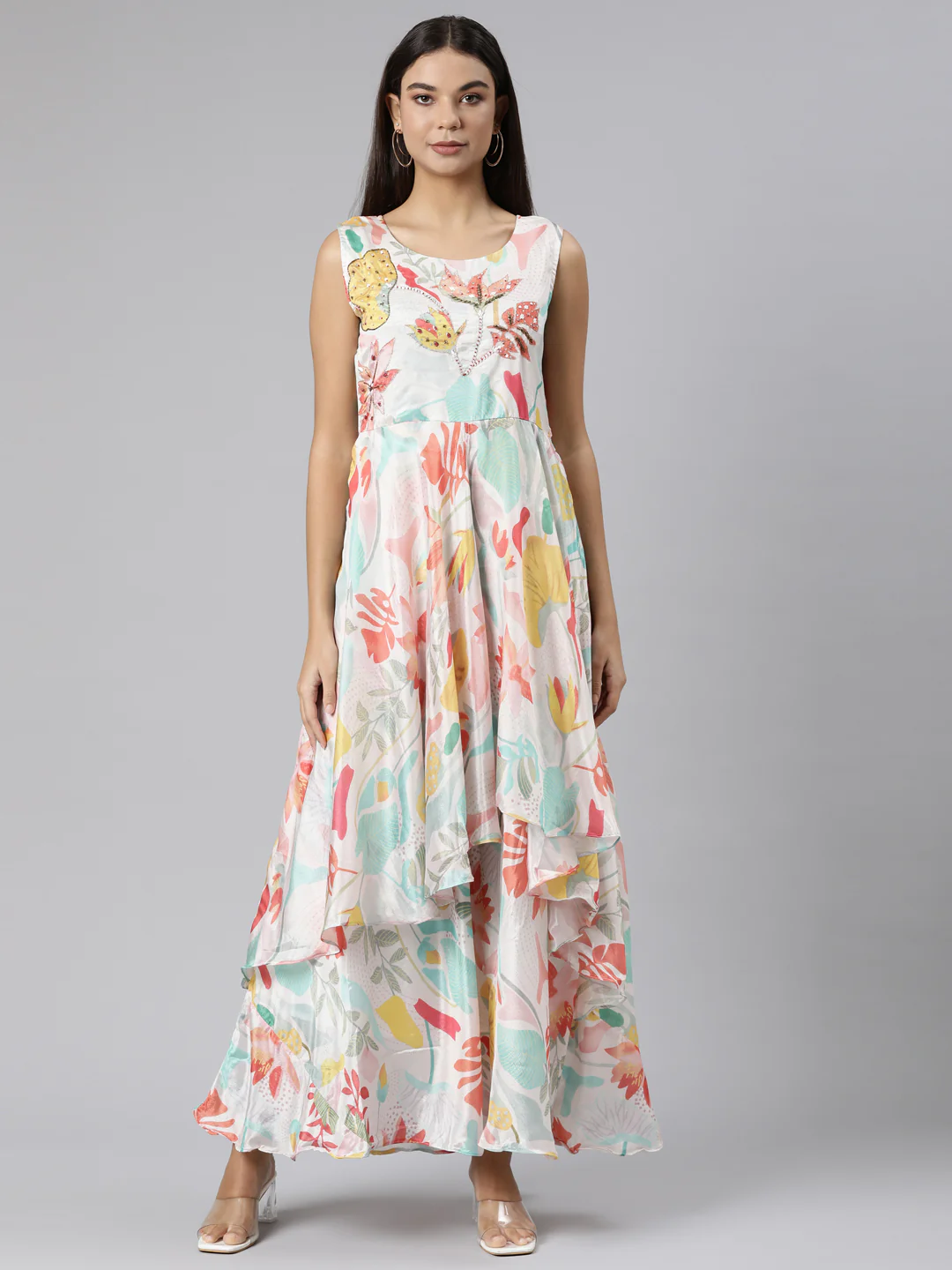 Neerus Cream Asymmetric Casual Floral Dresses