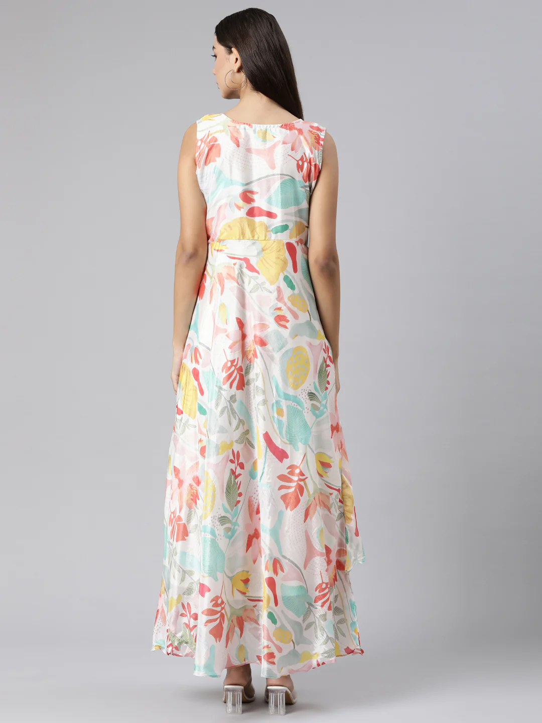 Neerus Cream Asymmetric Casual Floral Dresses - Image 3
