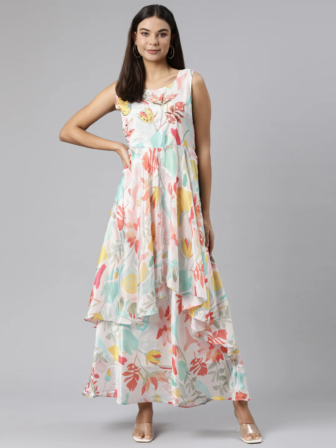 Neerus Cream Asymmetric Casual Floral Dresses - Image 5