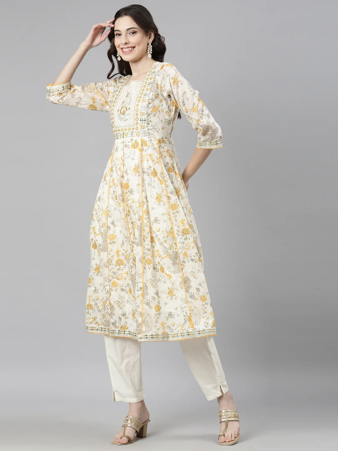 Neerus Cream Casual Floral Anarkali Kurta and Trousers With Dupatta - Image 2