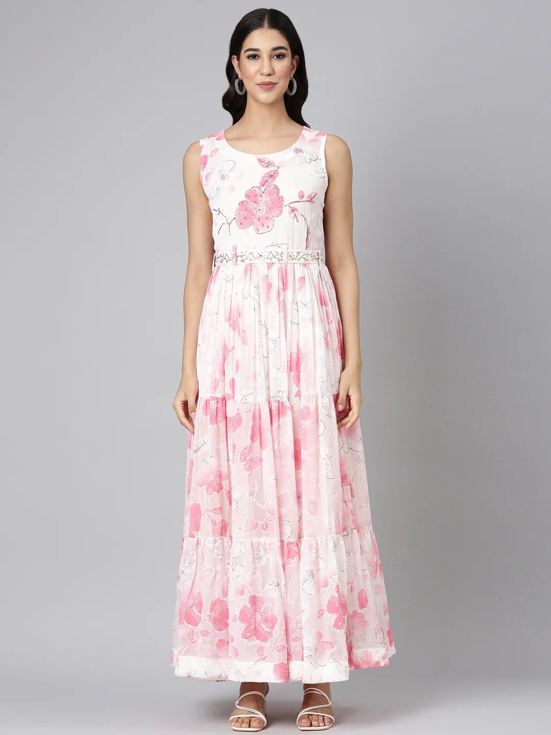 Neerus Cream Casual Floral Maxi Dresses