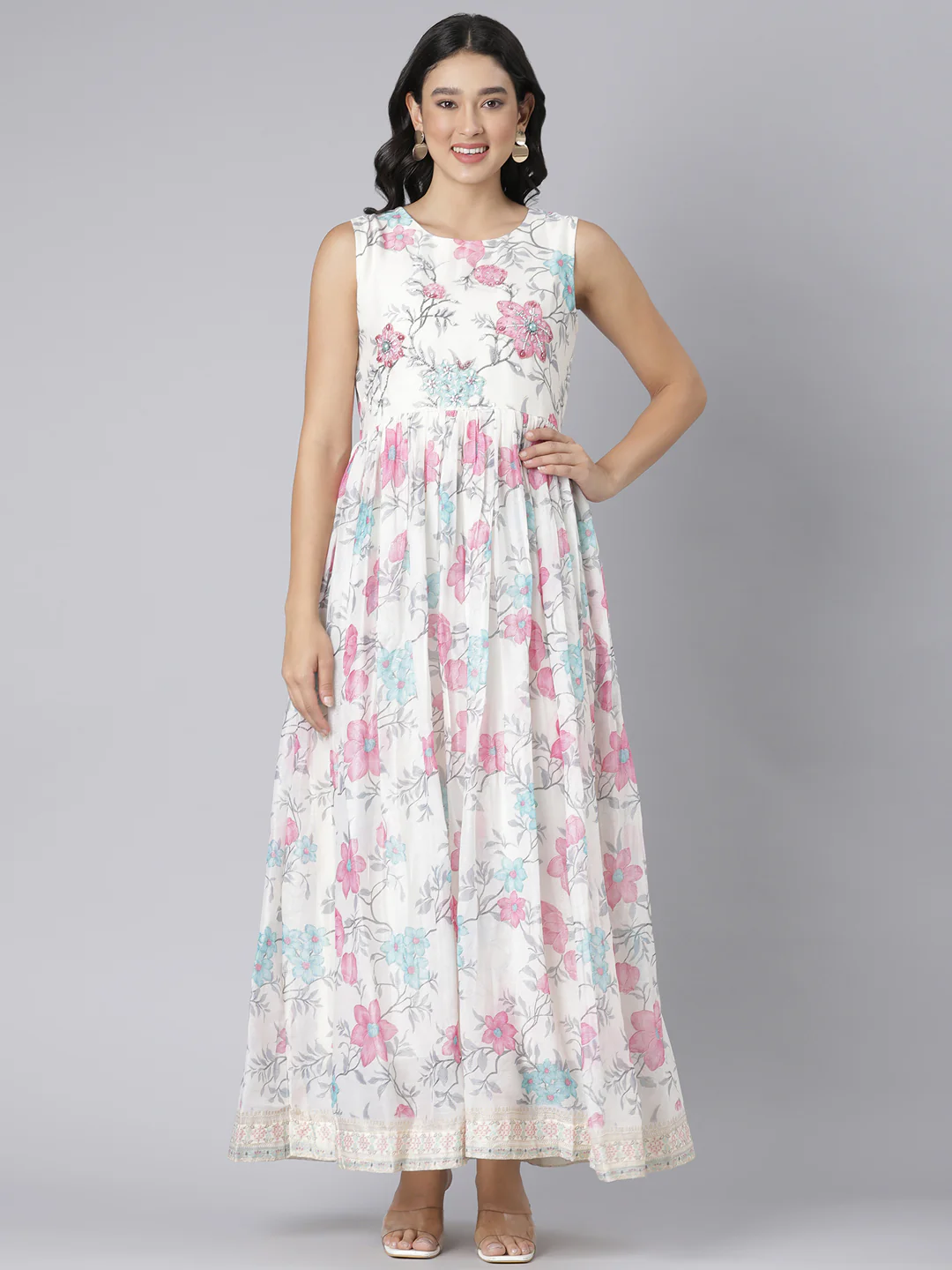 Neerus Cream Casual Floral Maxi Dresses
