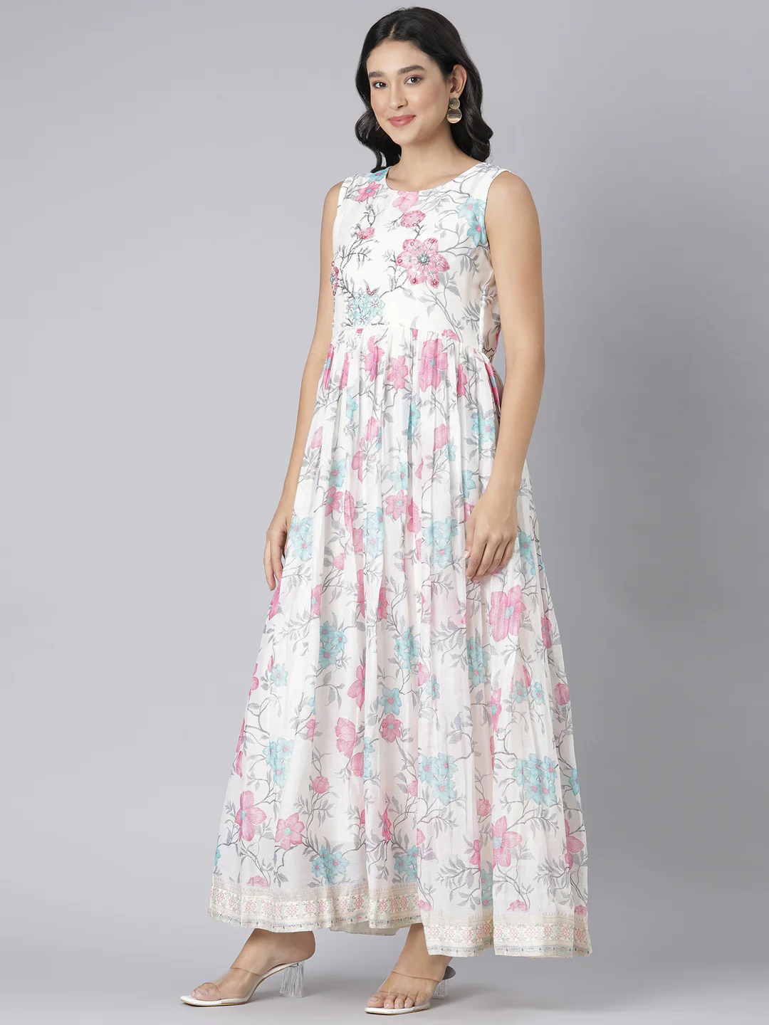 Neerus Cream Casual Floral Maxi Dresses - Image 2