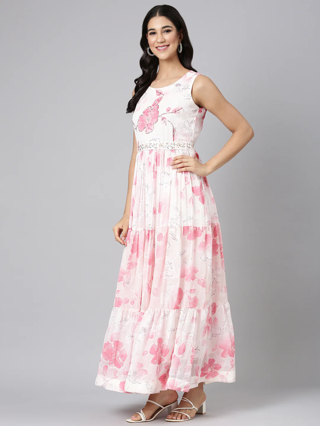Neerus Cream Casual Floral Maxi Dresses - Image 2
