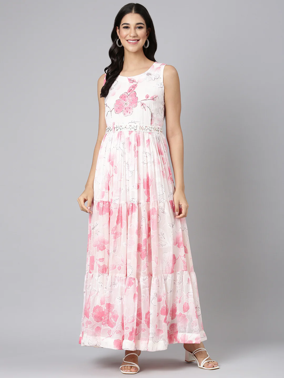 Neerus Cream Casual Floral Maxi Dresses - Image 5