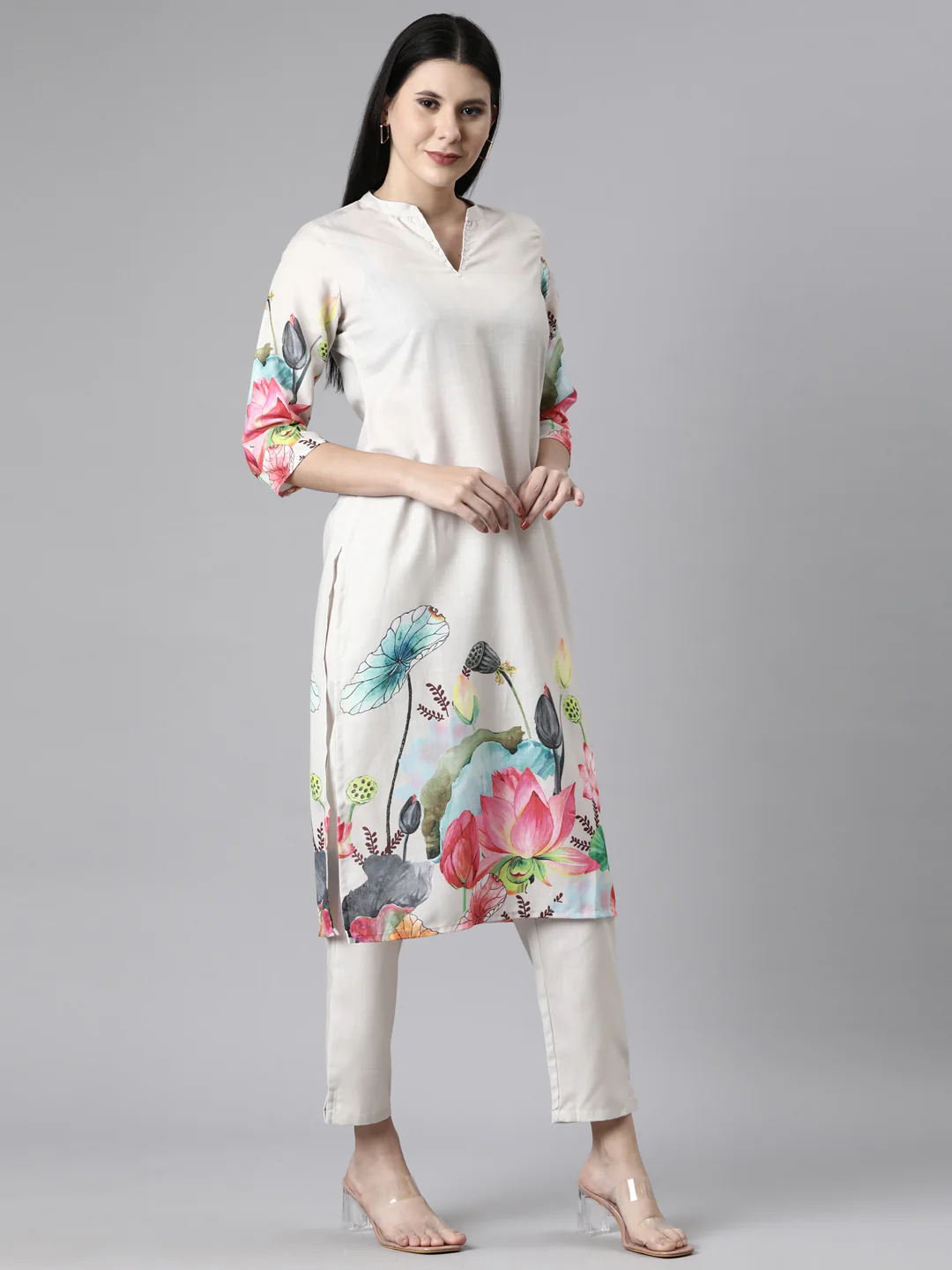Neerus Cream Casual Floral Straight Kurta and Trousers With Dupatta - Image 3