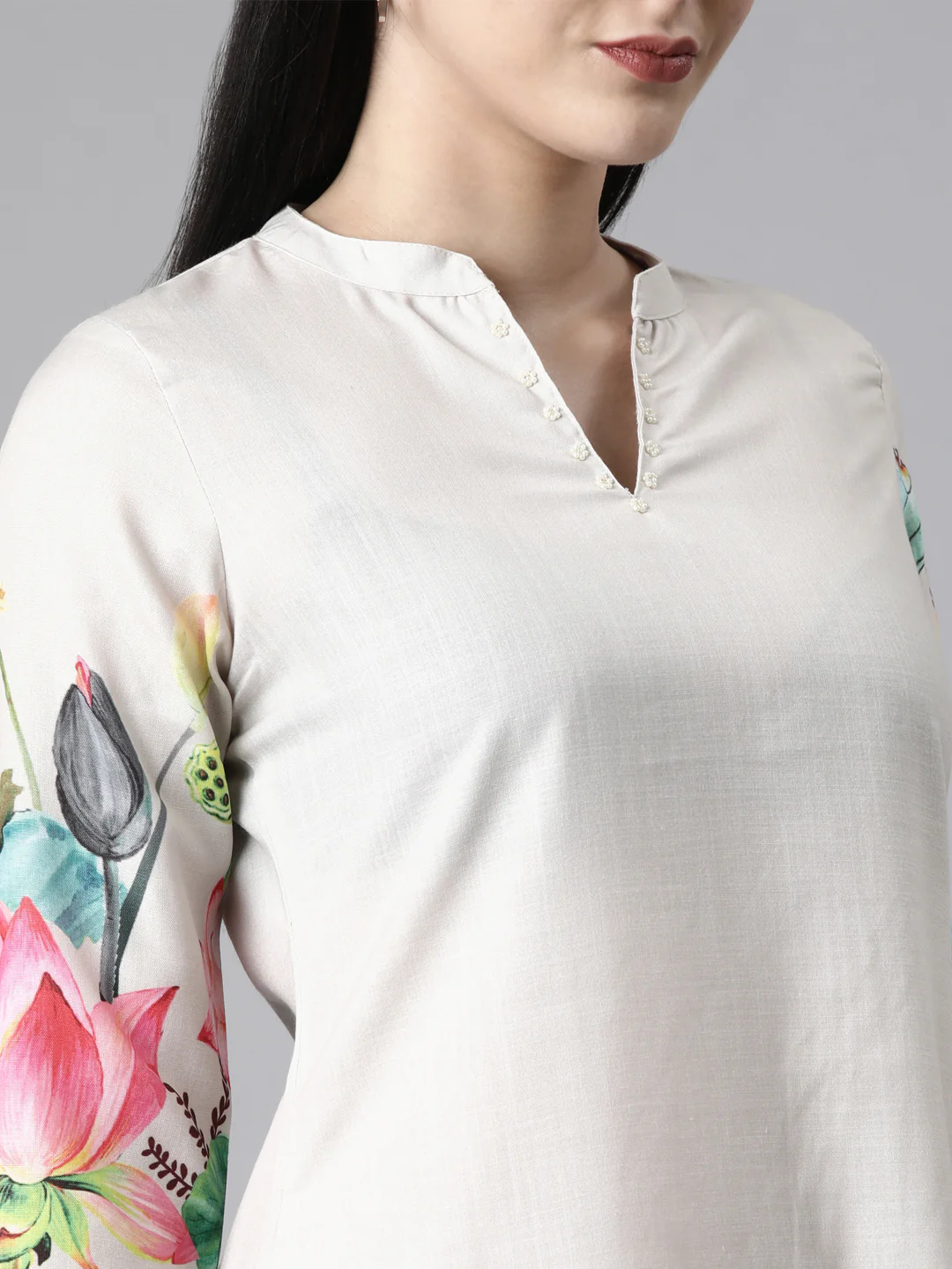 Neerus Cream Casual Floral Straight Kurta and Trousers With Dupatta - Image 5