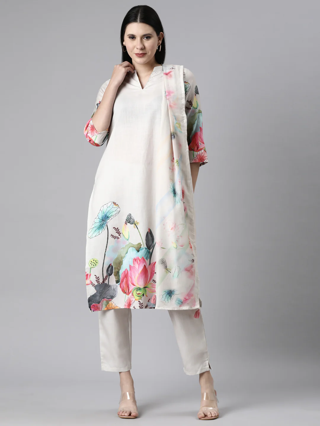 Neerus Cream Casual Floral Straight Kurta and Trousers With Dupatta - Image 6