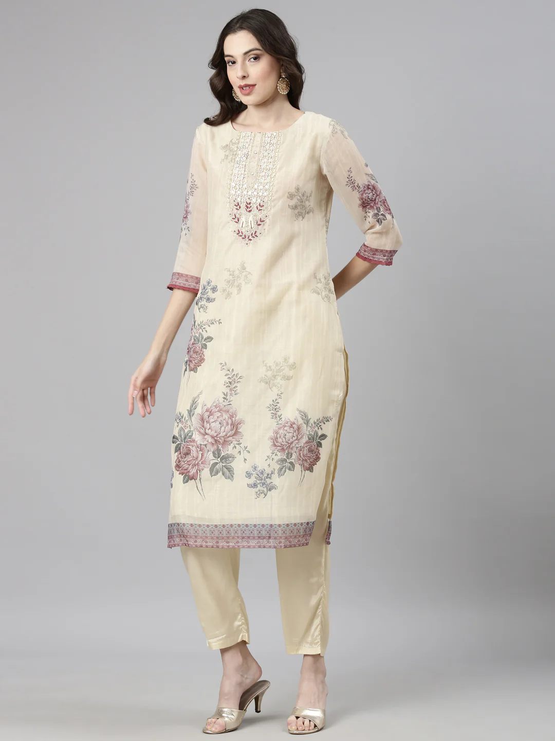 Neerus Cream Casual Floral Straight Kurta and Trousers With Dupatta - Image 2