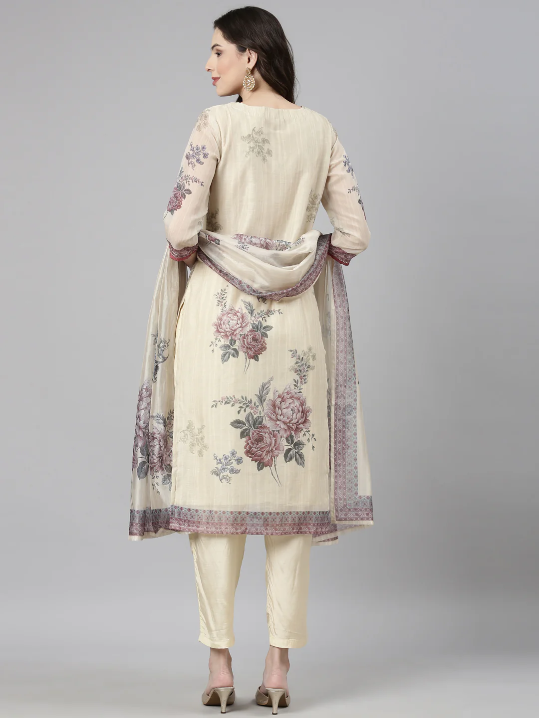 Neerus Cream Casual Floral Straight Kurta and Trousers With Dupatta - Image 4