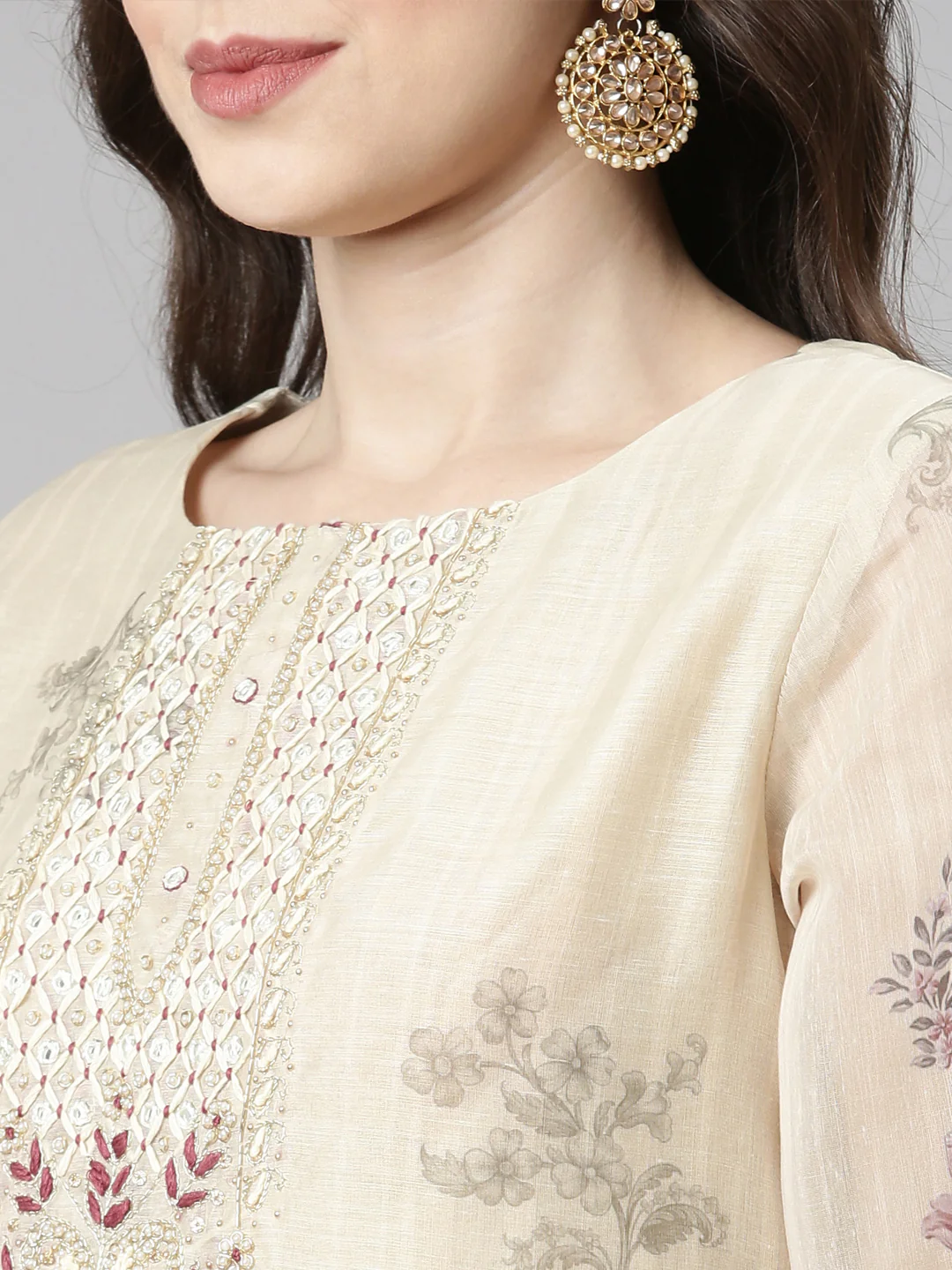 Neerus Cream Casual Floral Straight Kurta and Trousers With Dupatta - Image 5