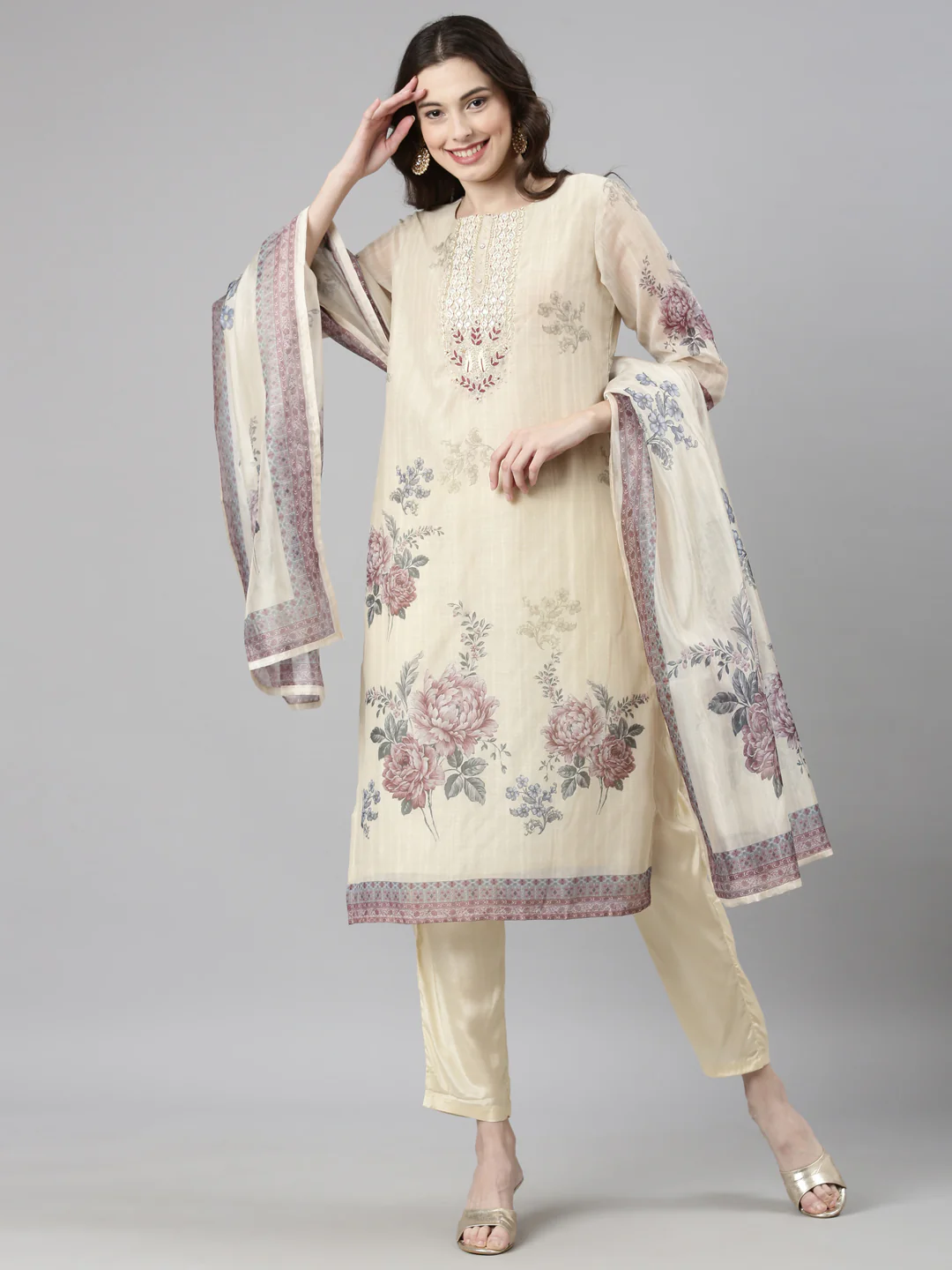 Neerus Cream Casual Floral Straight Kurta and Trousers With Dupatta - Image 6