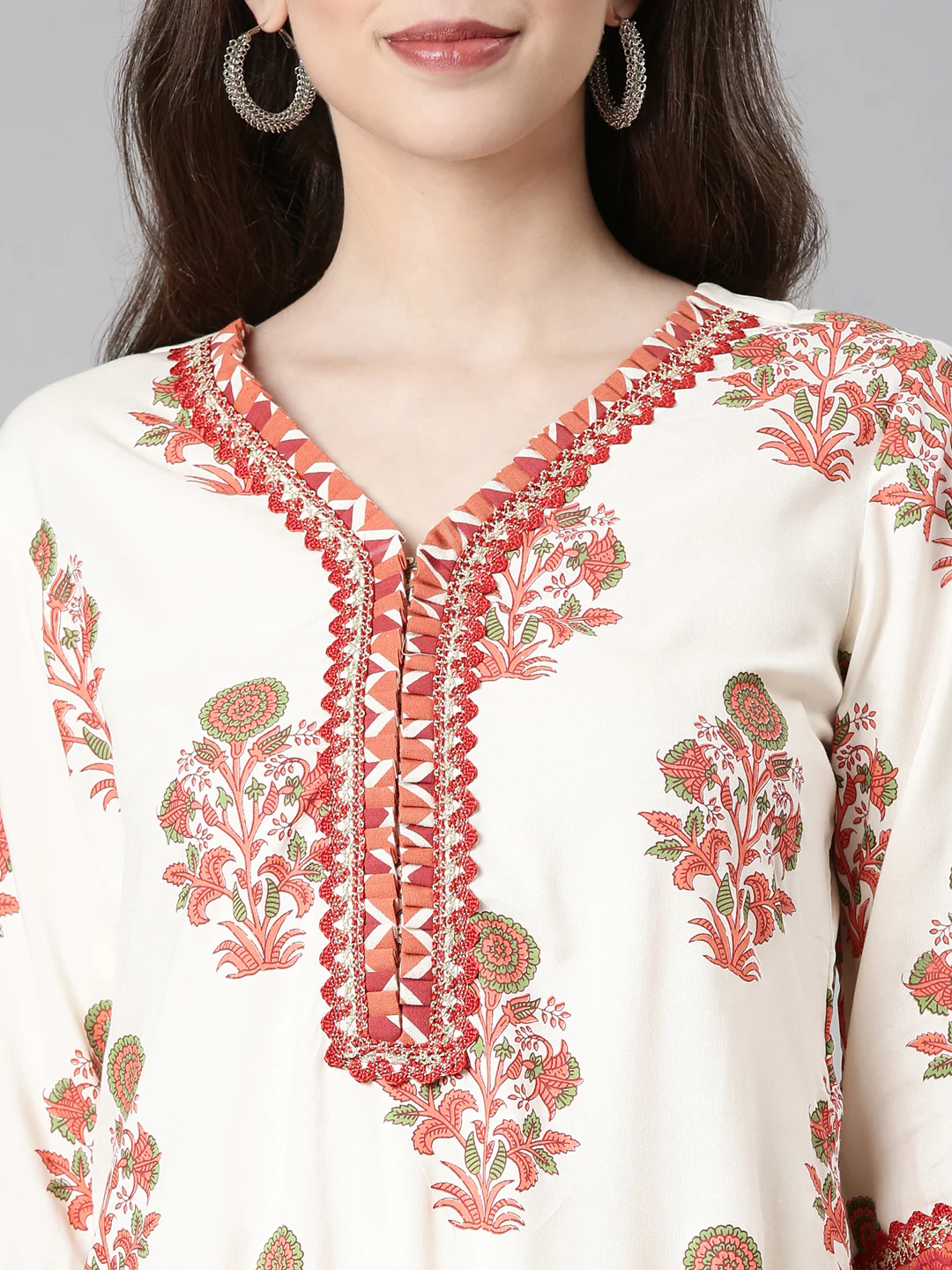 Neerus Cream Casual Floral Straight Kurta - Image 4