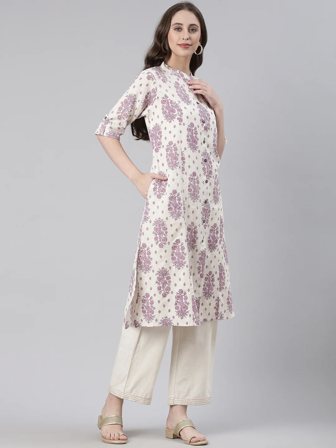 Neerus Cream Casual Floral Straight Kurta - Image 2