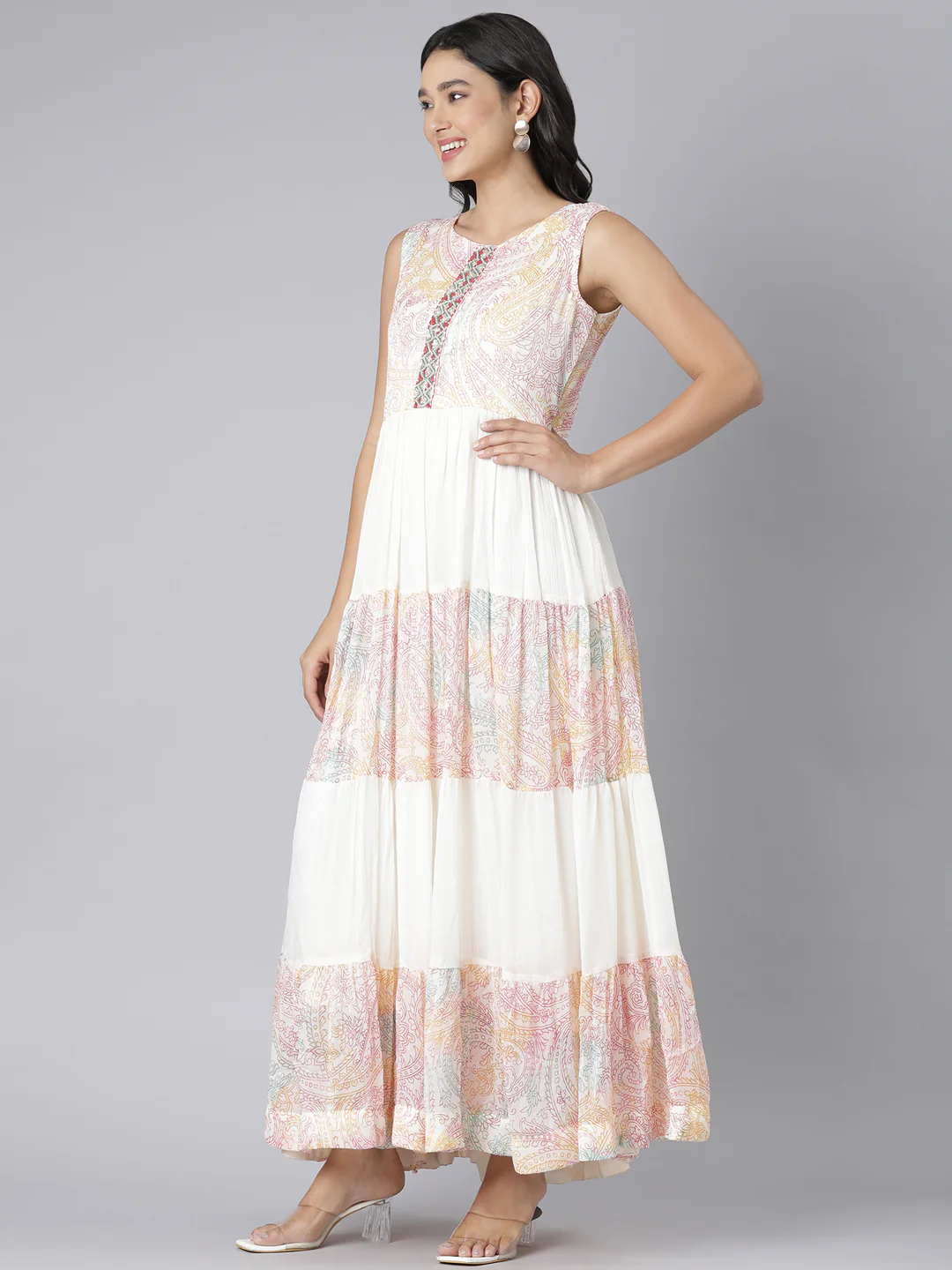 Neerus Cream Casual Paisley Maxi Dresses - Image 2